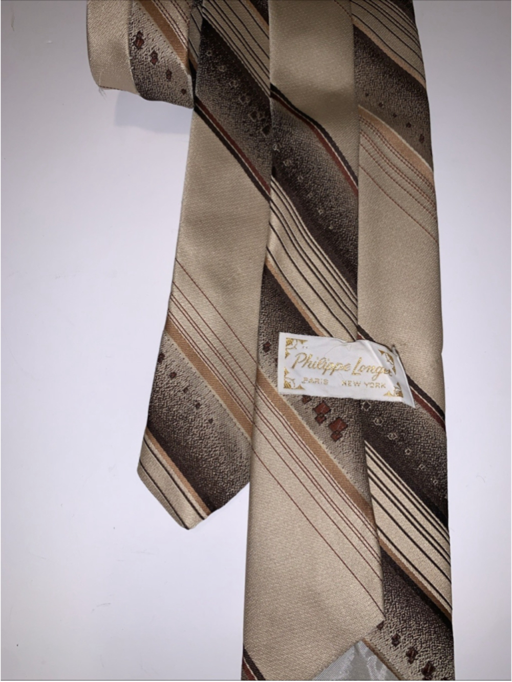 Philippe Longet Paris New York Brown Beige Tan Striped Neck Tie Vintage 3” 53” - Picture 8 of 11